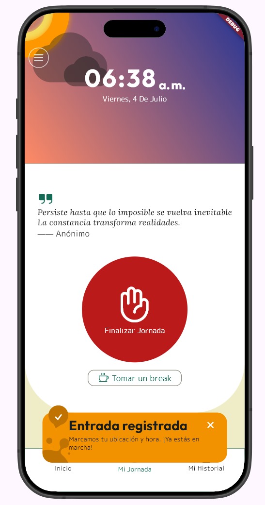 Pantalla principal de TimelyGo mostrando la jornada activa